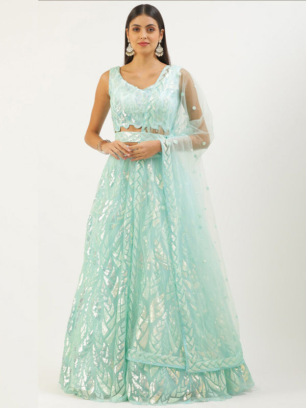 Attractive Sky Blue Sequins Net Designer Lehenga Choli With Dupatta