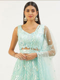 Attractive Sky Blue Sequins Net Designer Lehenga Choli With Dupatta
