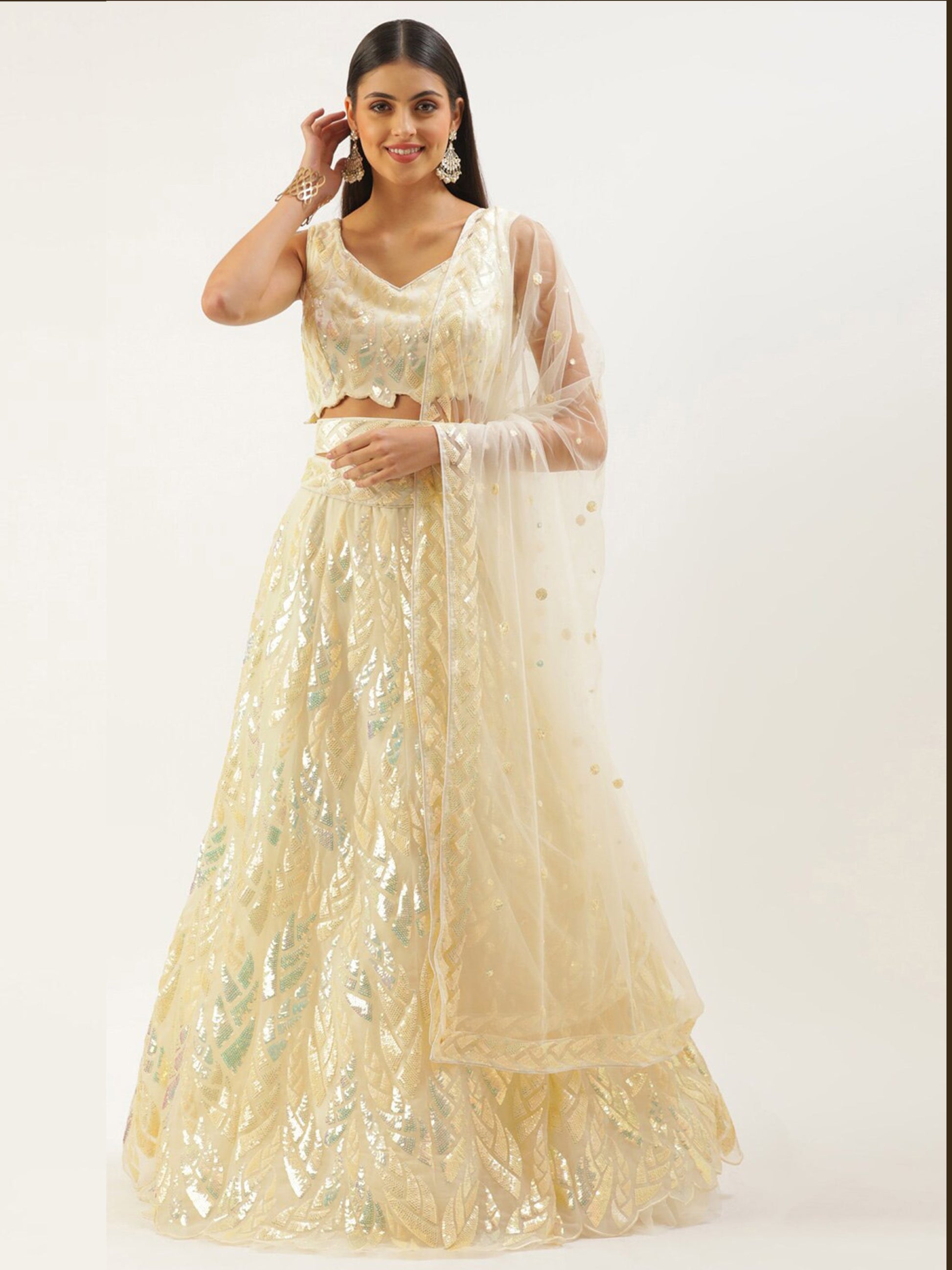 Glorious Beige Sequins Net Festive Wear Lehenga Choli With Dupatta