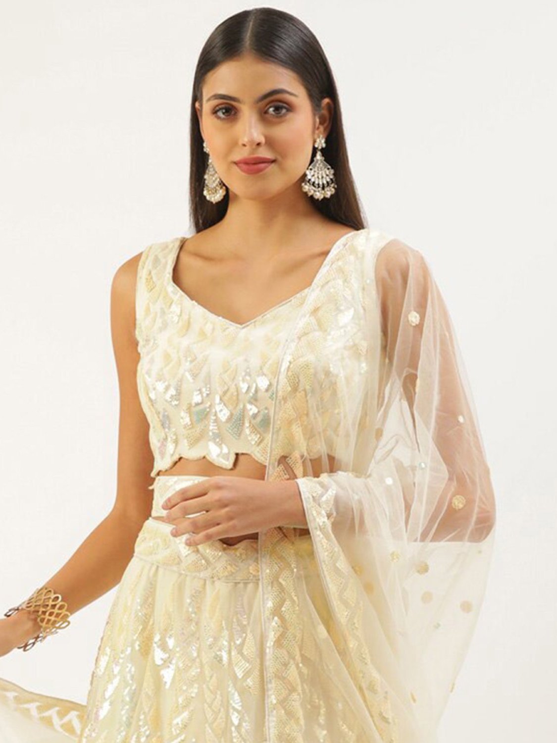 Glorious Beige Sequins Net Festive Wear Lehenga Choli With Dupatta