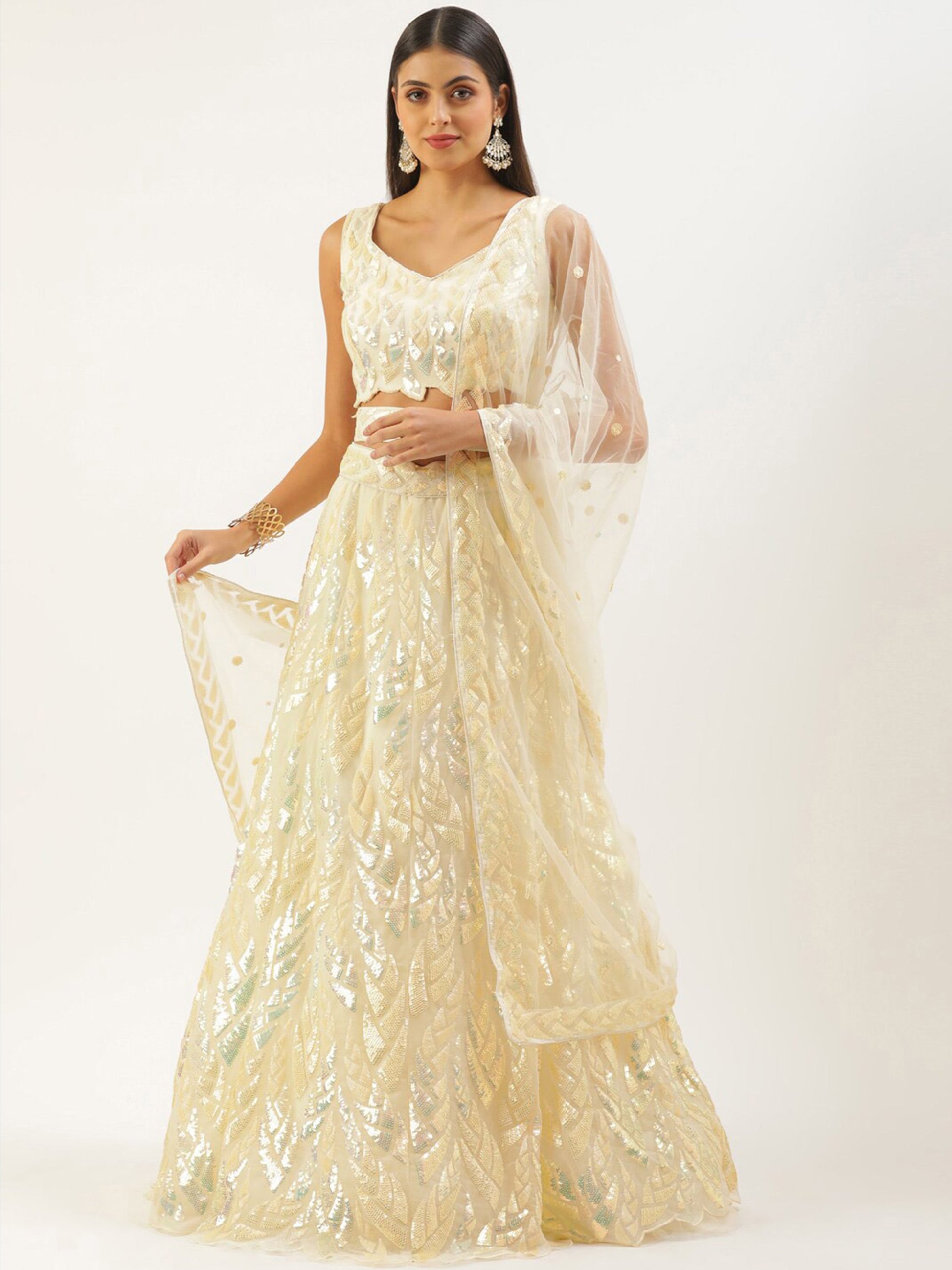 Glorious Beige Sequins Net Festive Wear Lehenga Choli With Dupatta