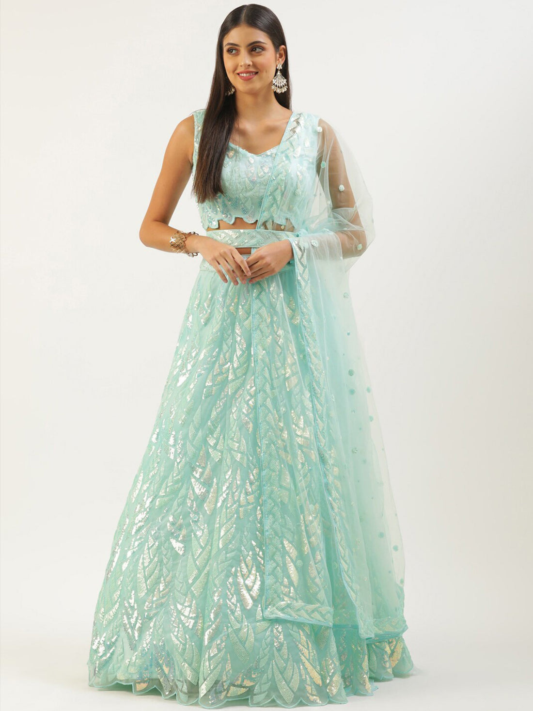 Attractive Sky Blue Sequins Net Designer Lehenga Choli With Dupatta