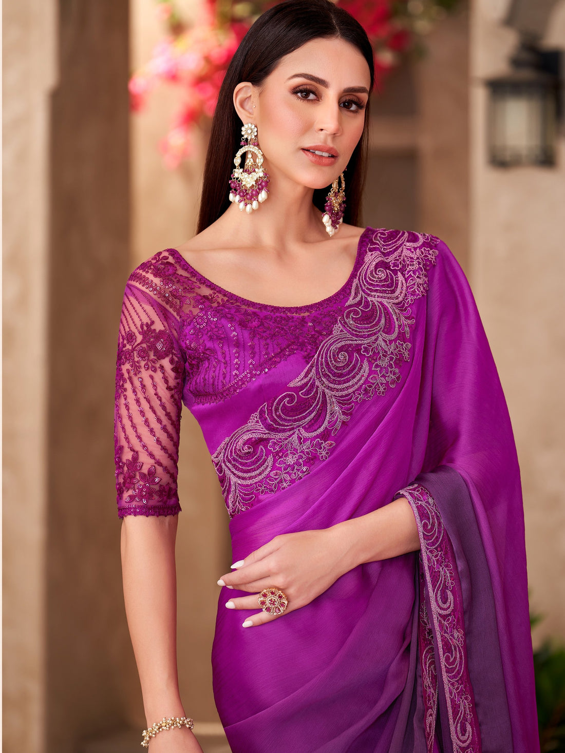 Delightful Purple Border Work Chiffon Traditional Saree With Blouse