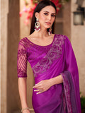 Delightful Purple Border Work Chiffon Traditional Saree With Blouse