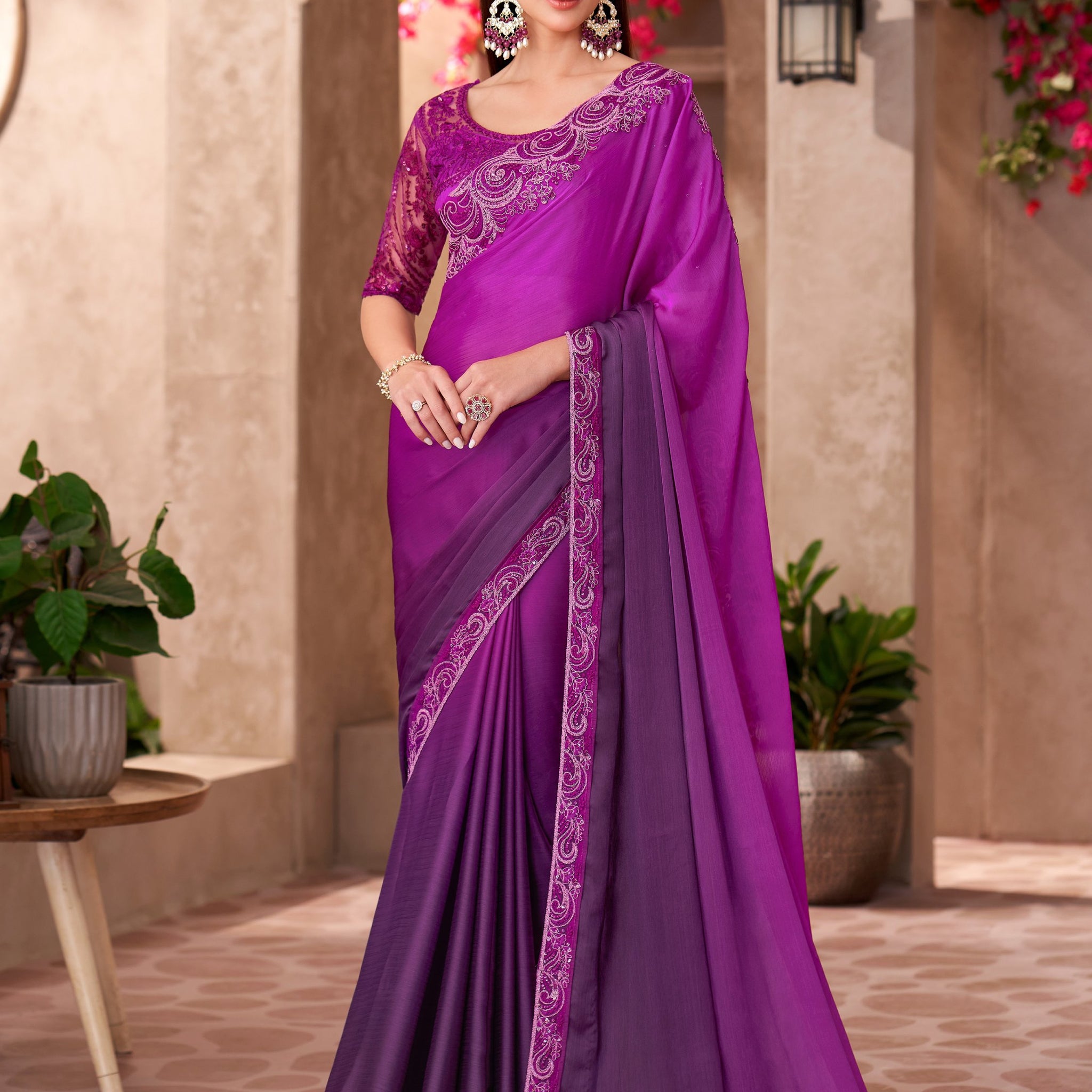 Delightful Purple Border Work Chiffon Traditional Saree With Blouse