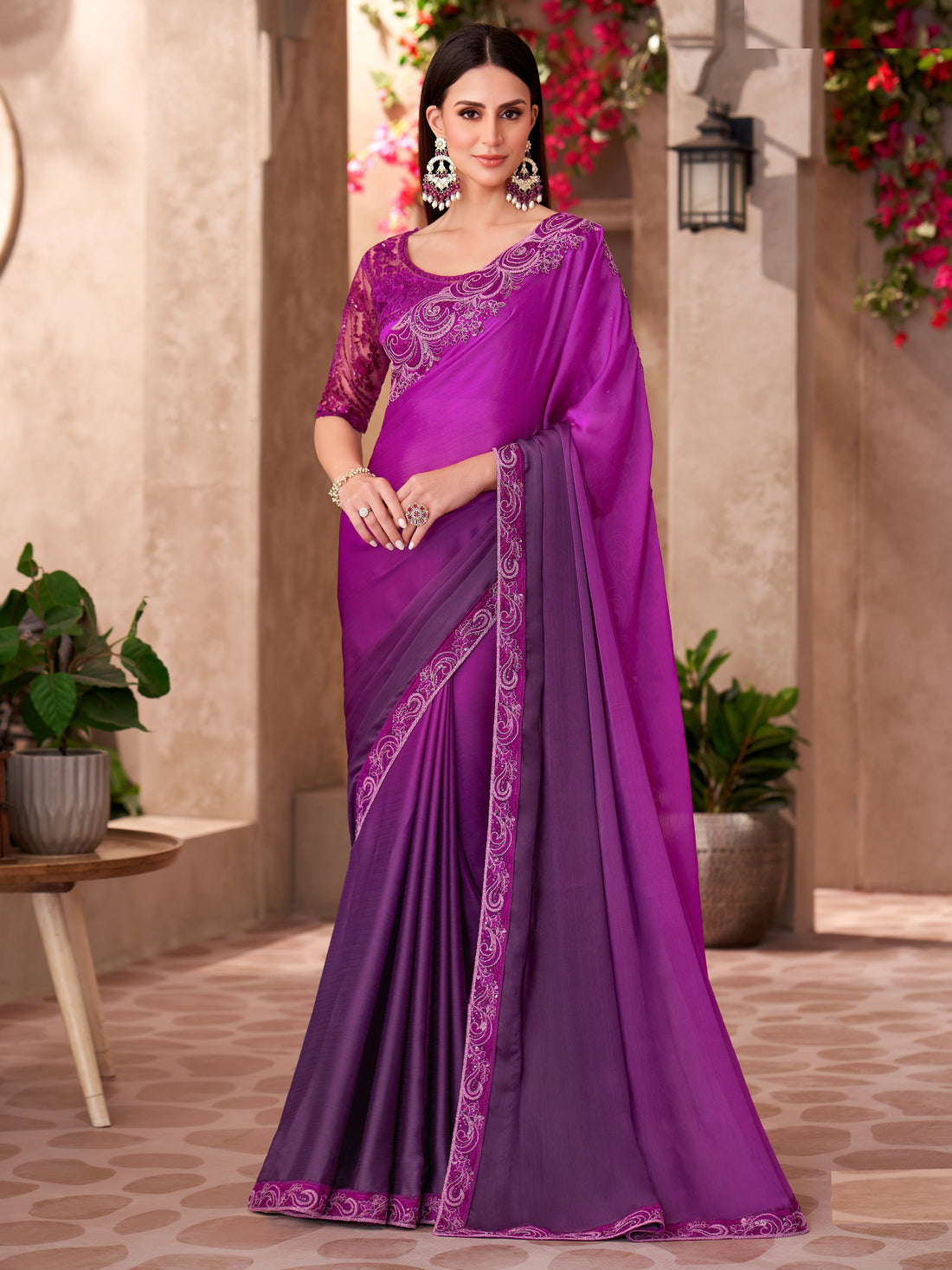 Delightful Purple Border Work Chiffon Traditional Saree With Blouse