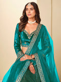 Precious Teal Green Sequins Work Velvet Bridesmaid Wear Lehenga Choli With Dupatta