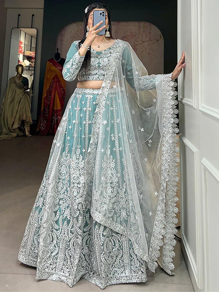 Fantastic Sky-Blue Sequins Net Engagement Wear Lehenga Choli