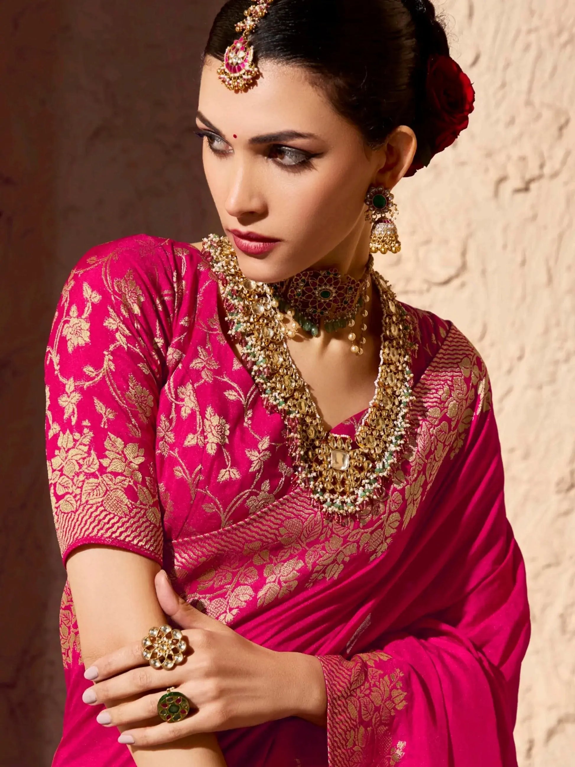 Ravishing Rani Pink Zari Weaving Georgette Engagement Wear Saree With Blouse