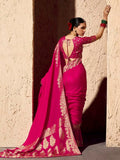 Ravishing Rani Pink Zari Weaving Georgette Engagement Wear Saree With Blouse