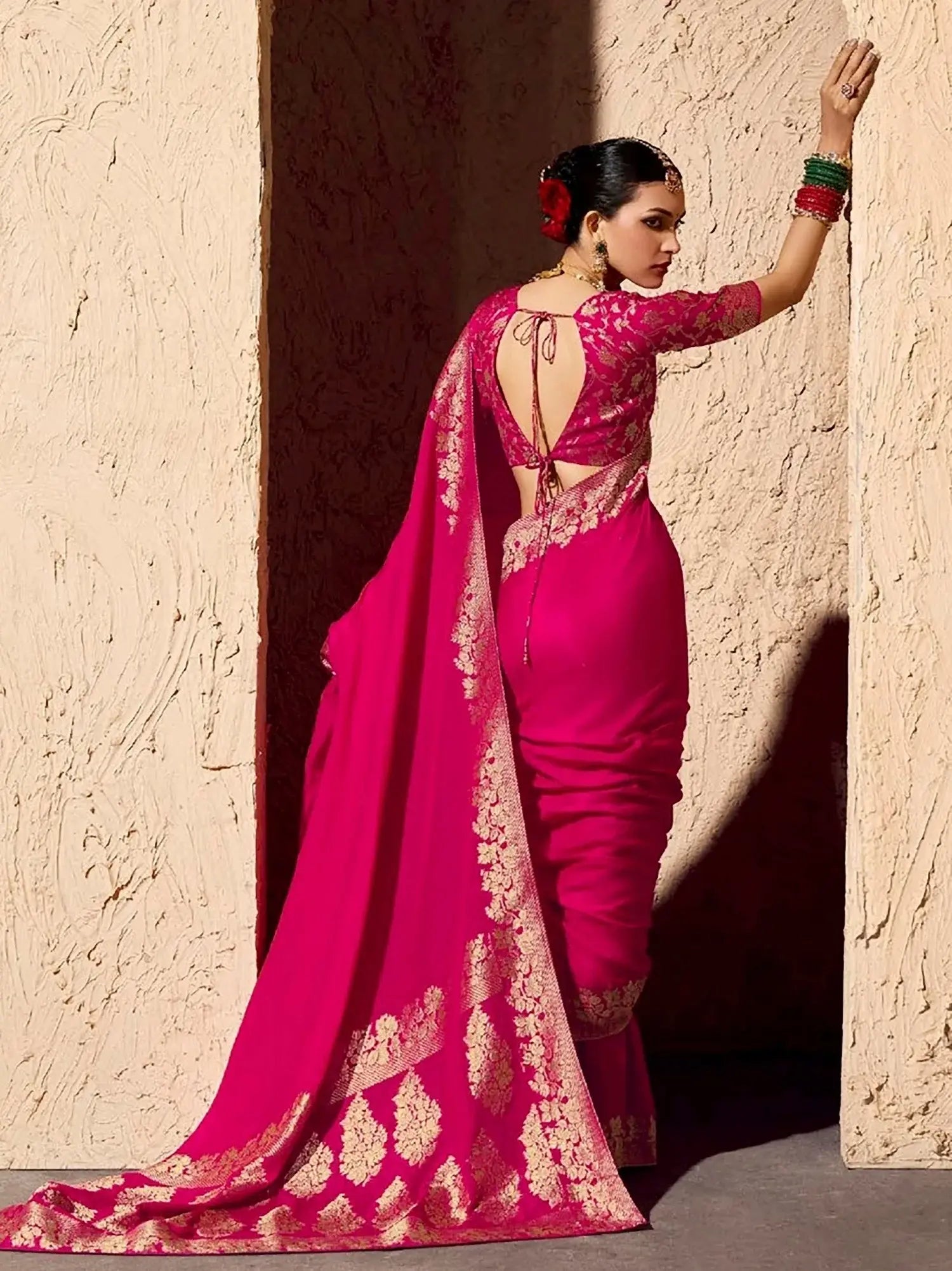 Ravishing Rani Pink Zari Weaving Georgette Engagement Wear Saree With Blouse