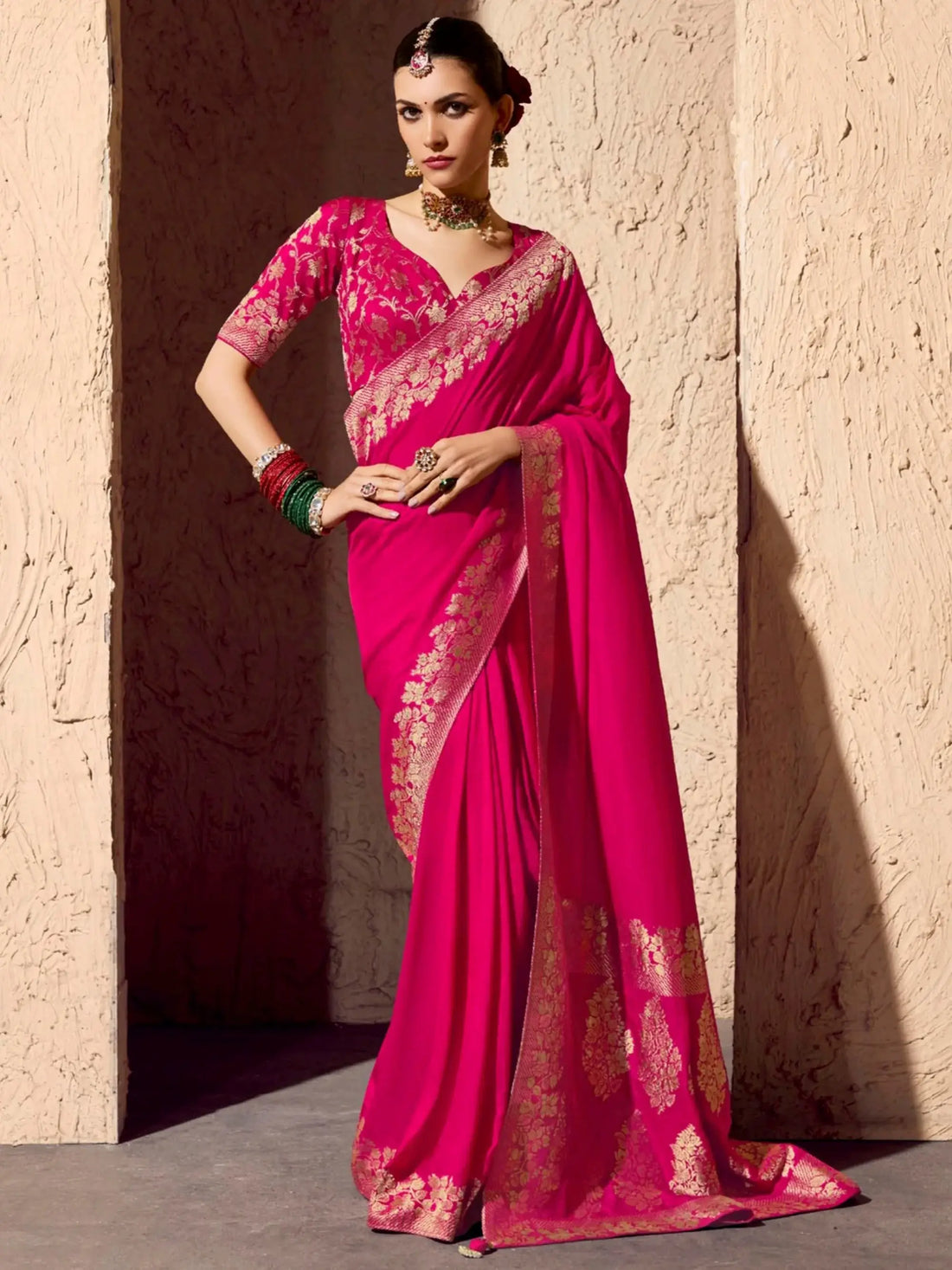 Ravishing Rani Pink Zari Weaving Georgette Engagement Wear Saree With Blouse