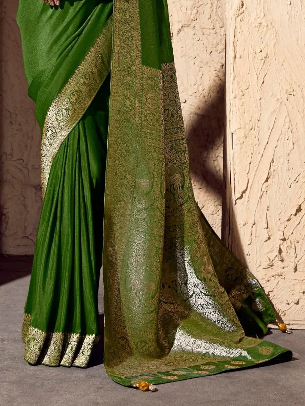 Terrific Bottle Green Zari Weaving Georgette Mehendi Wear Saree With Blouse