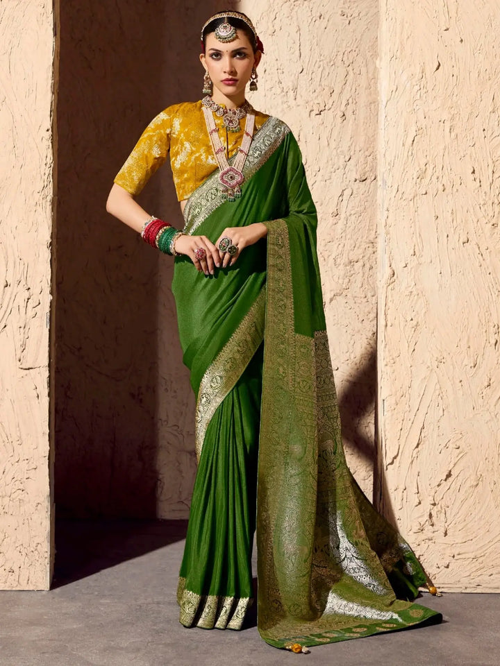 Terrific Bottle Green Zari Weaving Georgette Mehendi Wear Saree With Blouse