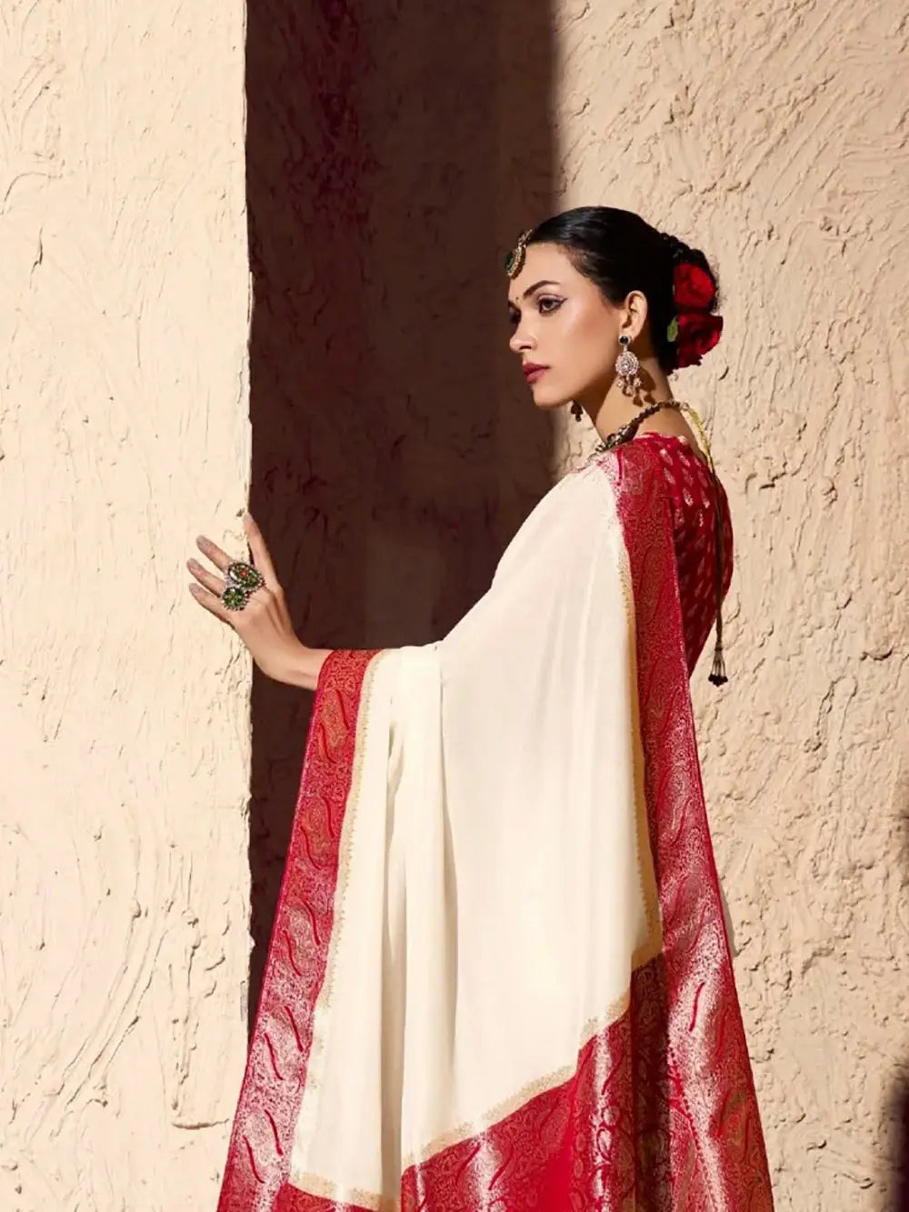 Charming Off-White Zari Weaving Georgette Festive Wear Saree With Blouse