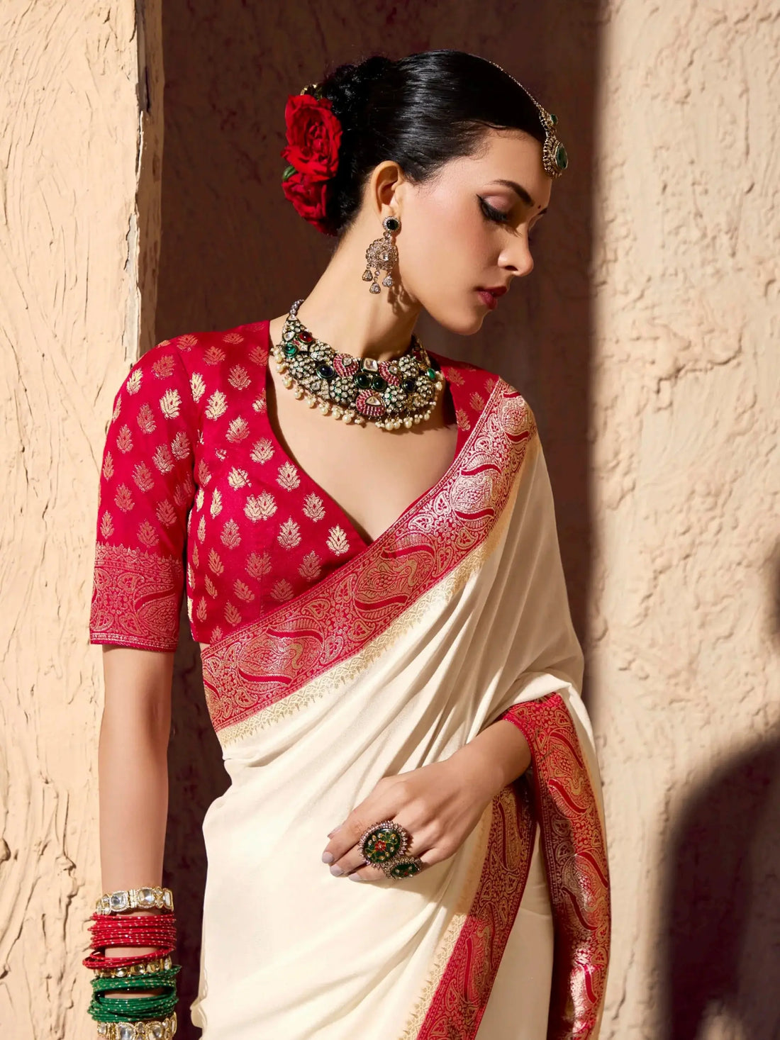 Charming Off-White Zari Weaving Georgette Festive Wear Saree With Blouse