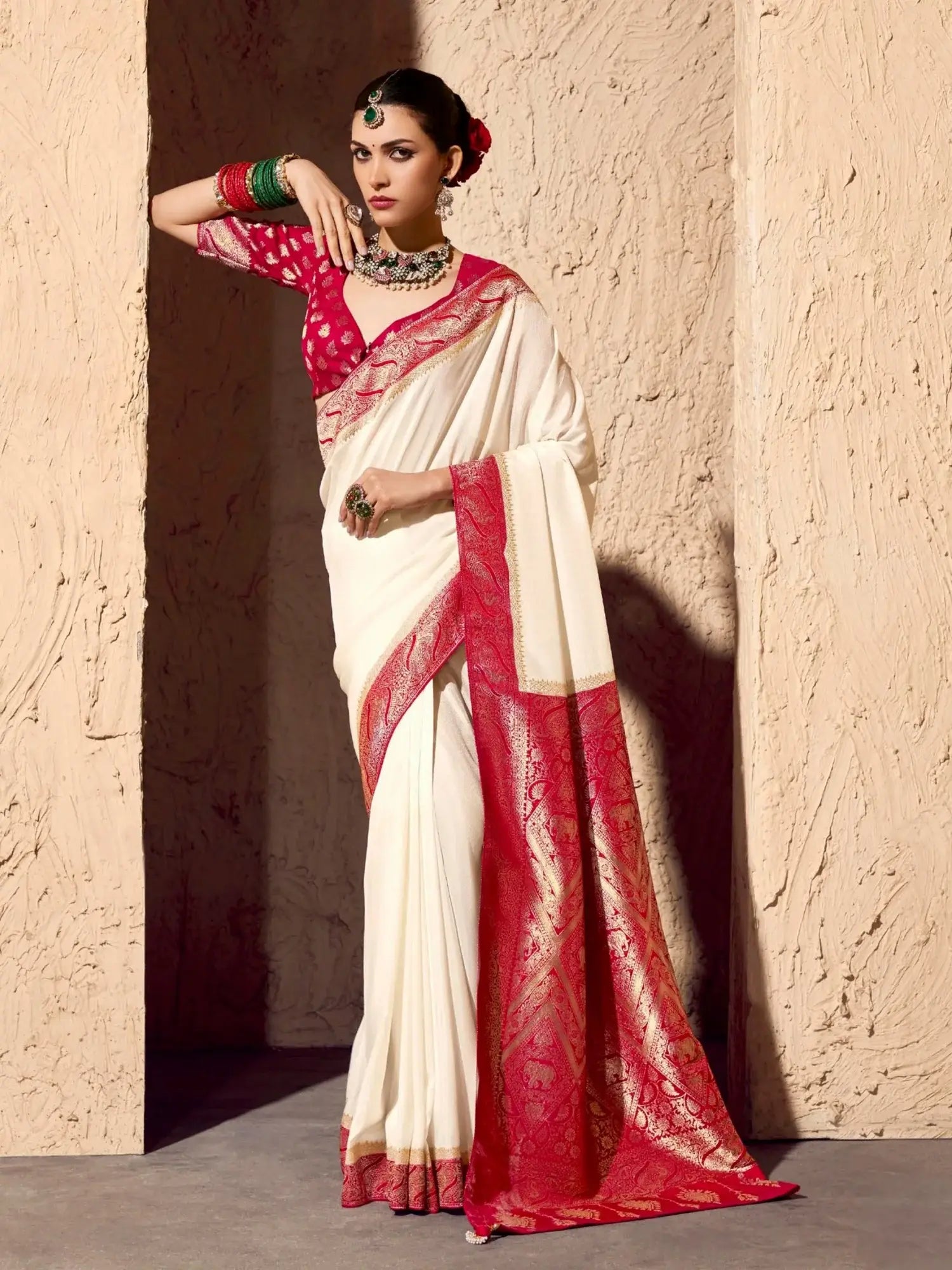 Charming Off-White Zari Weaving Georgette Festive Wear Saree With Blouse