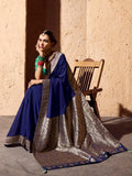 Amazeballs Navy Blue Zari Weaving Georgette Traditional Saree With Blouse