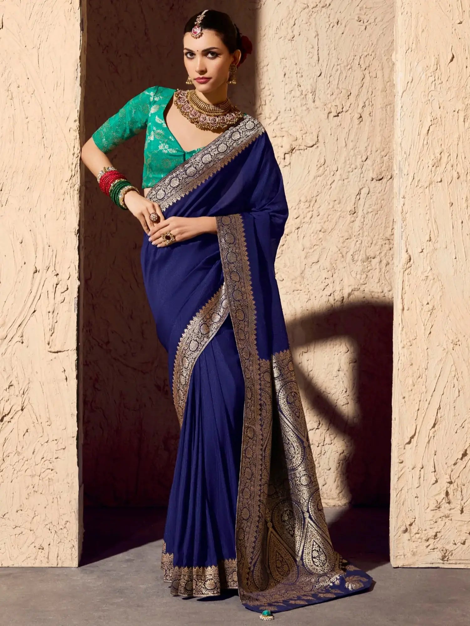 Amazeballs Navy Blue Zari Weaving Georgette Traditional Saree With Blouse