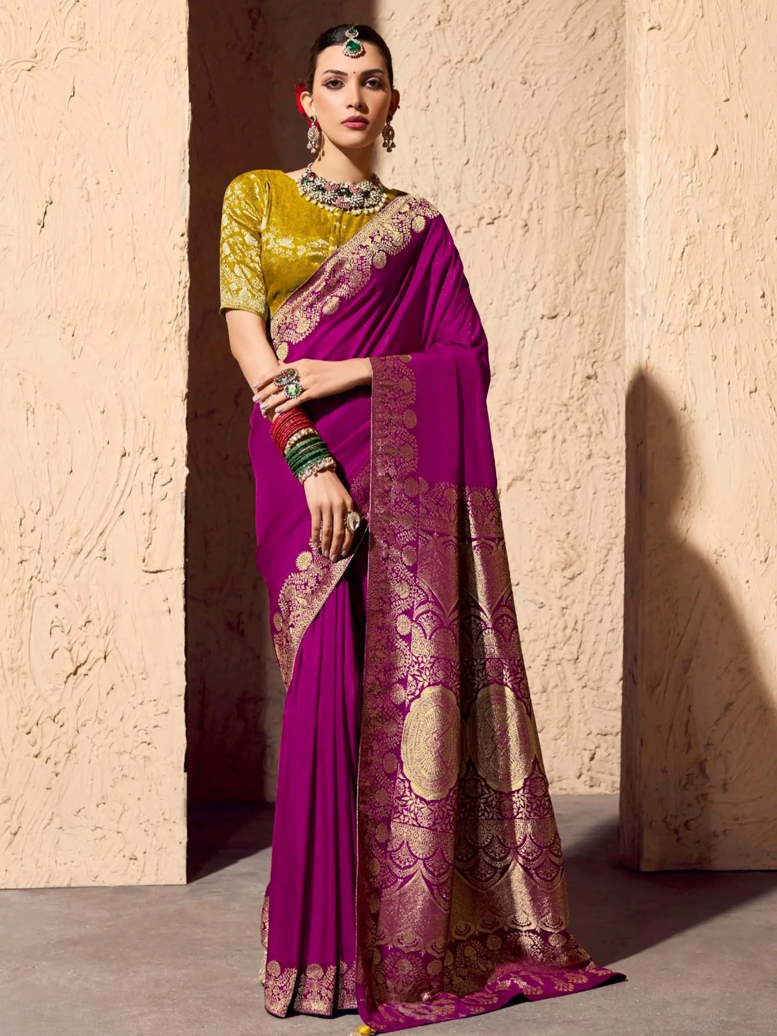 Classy Magenta Zari Weaving Georgette Designer Saree With Blouse