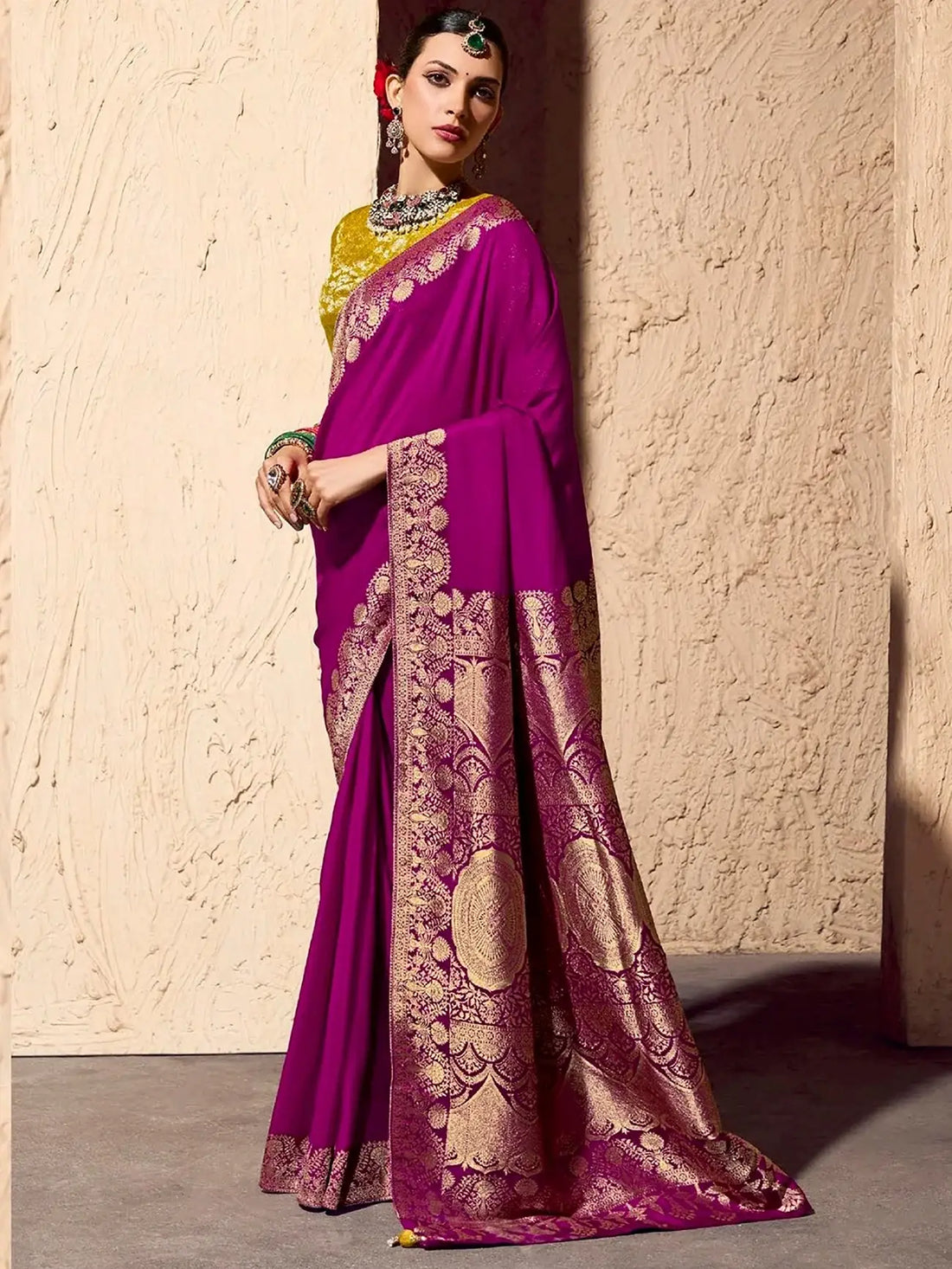 Classy Magenta Zari Weaving Georgette Designer Saree With Blouse