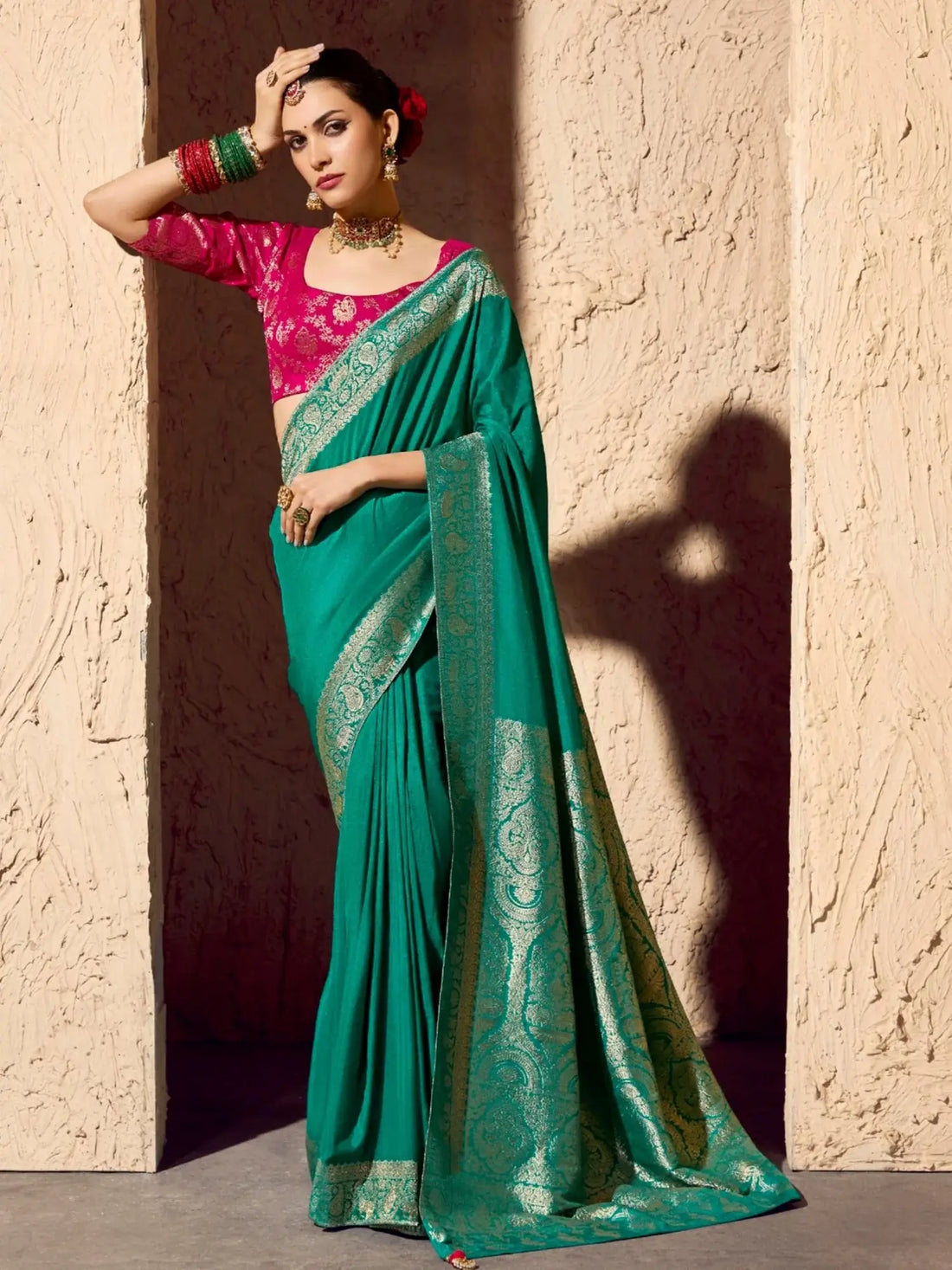 Stunning Teal Green Weaving Work Georgette Marraige Wear Saree With Blouse
