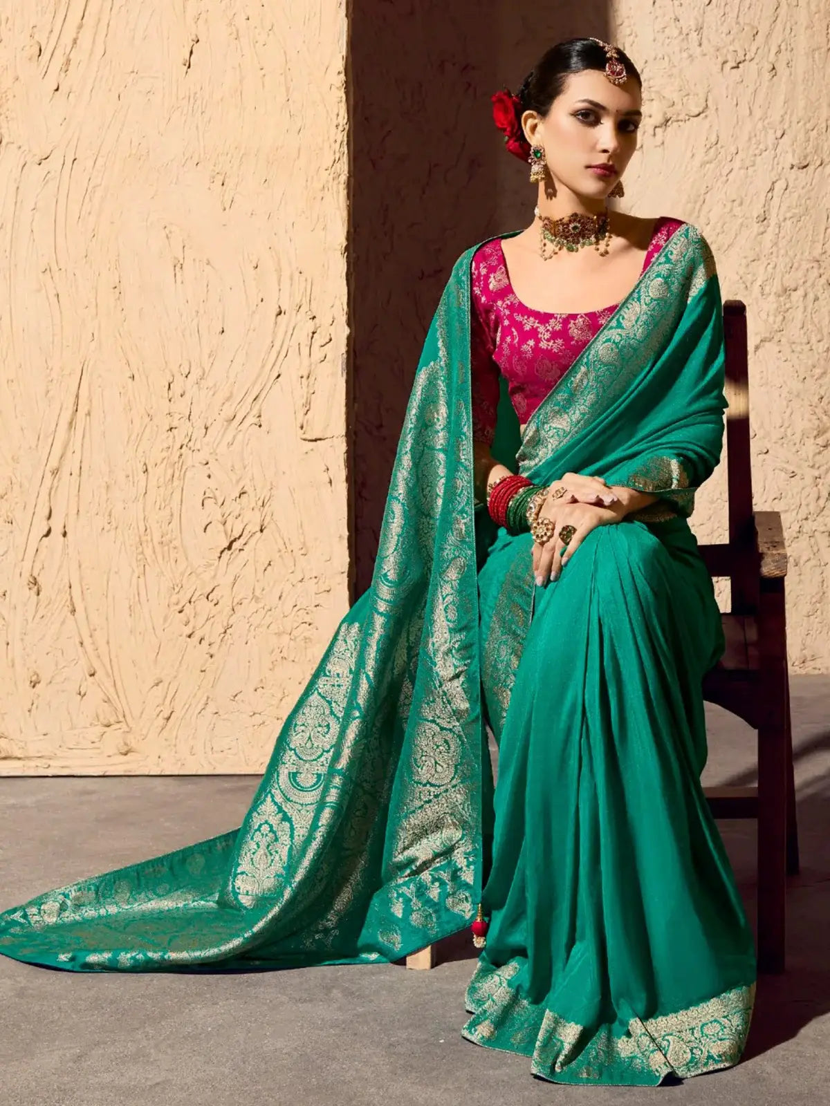 Stunning Teal Green Weaving Work Georgette Marraige Wear Saree With Blouse