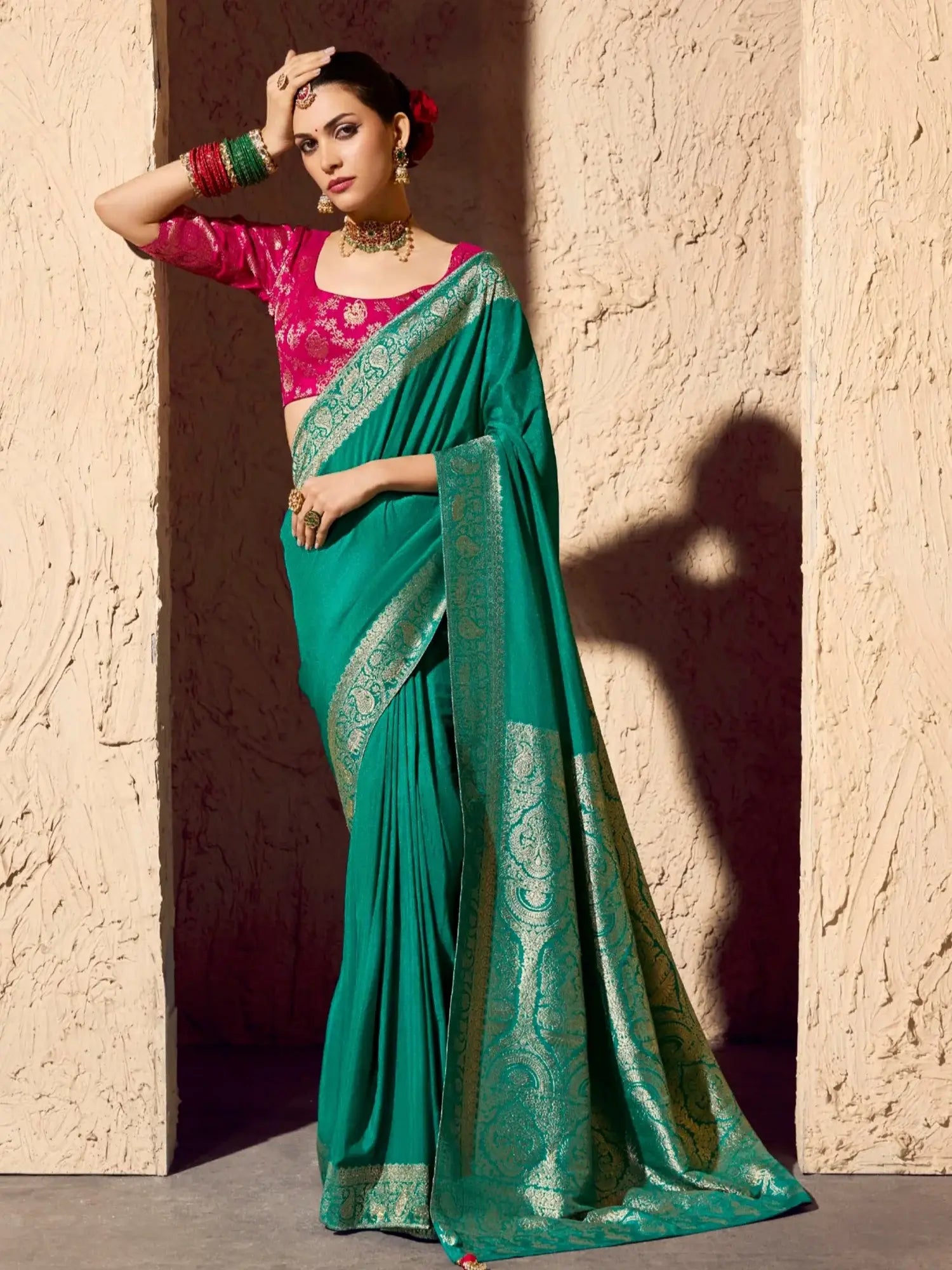 Stunning Teal Green Weaving Work Georgette Marraige Wear Saree With Blouse