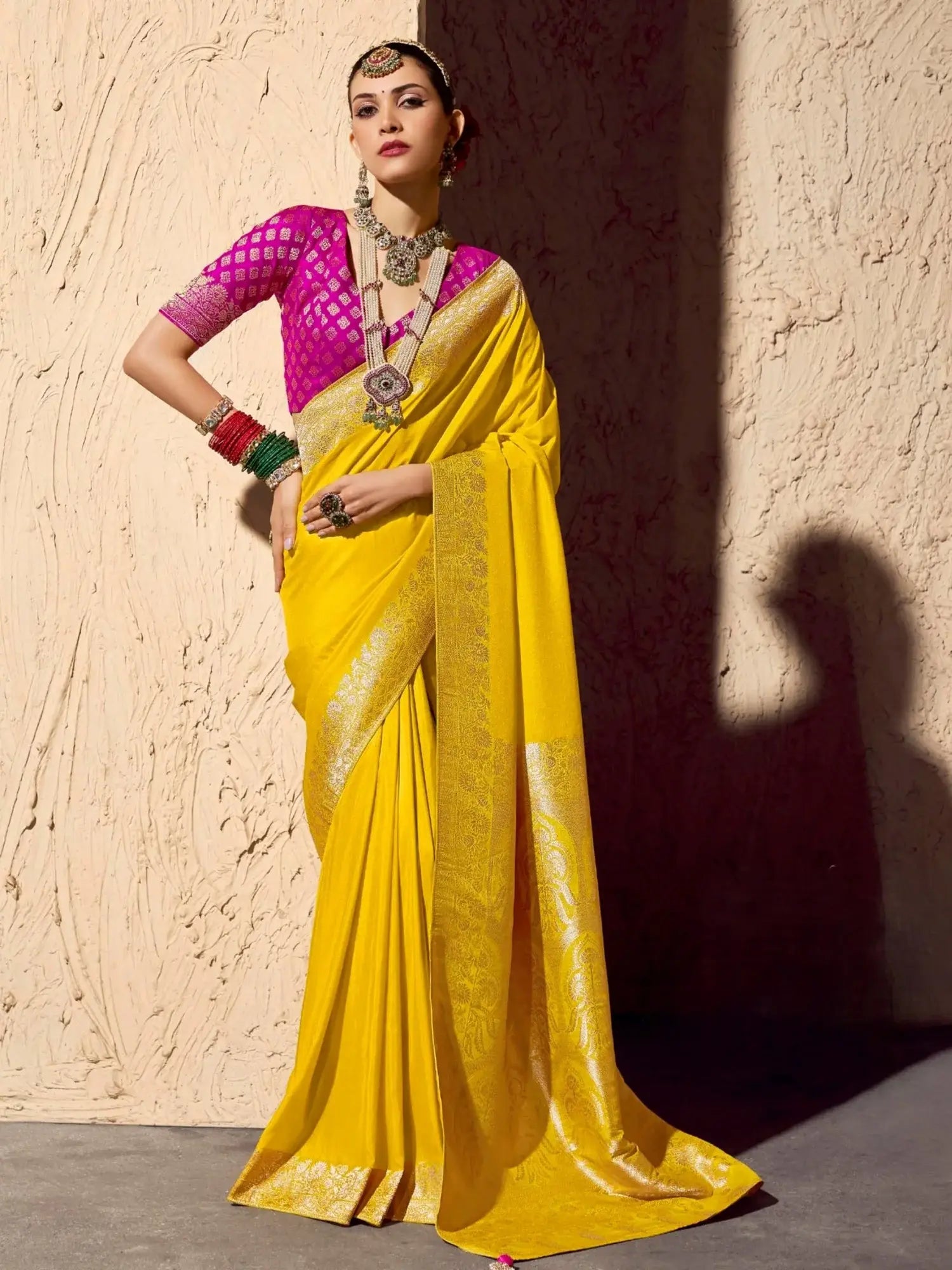 Gorgeous Yellow Weaving Work Georgette Haldi Wear Saree With Blouse