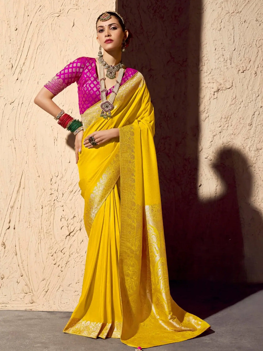 Gorgeous Yellow Weaving Work Georgette Haldi Wear Saree With Blouse