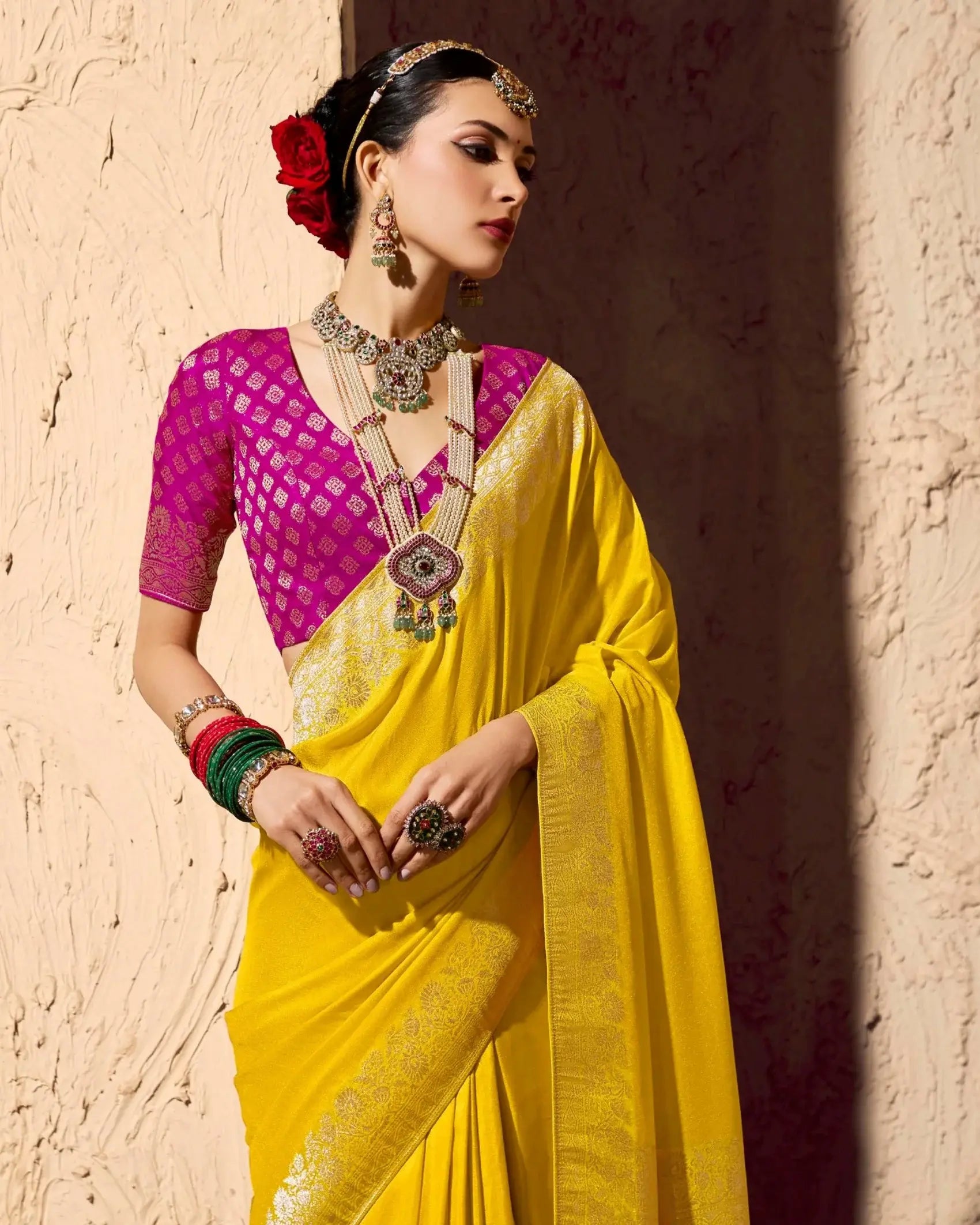Gorgeous Yellow Weaving Work Georgette Haldi Wear Saree With Blouse