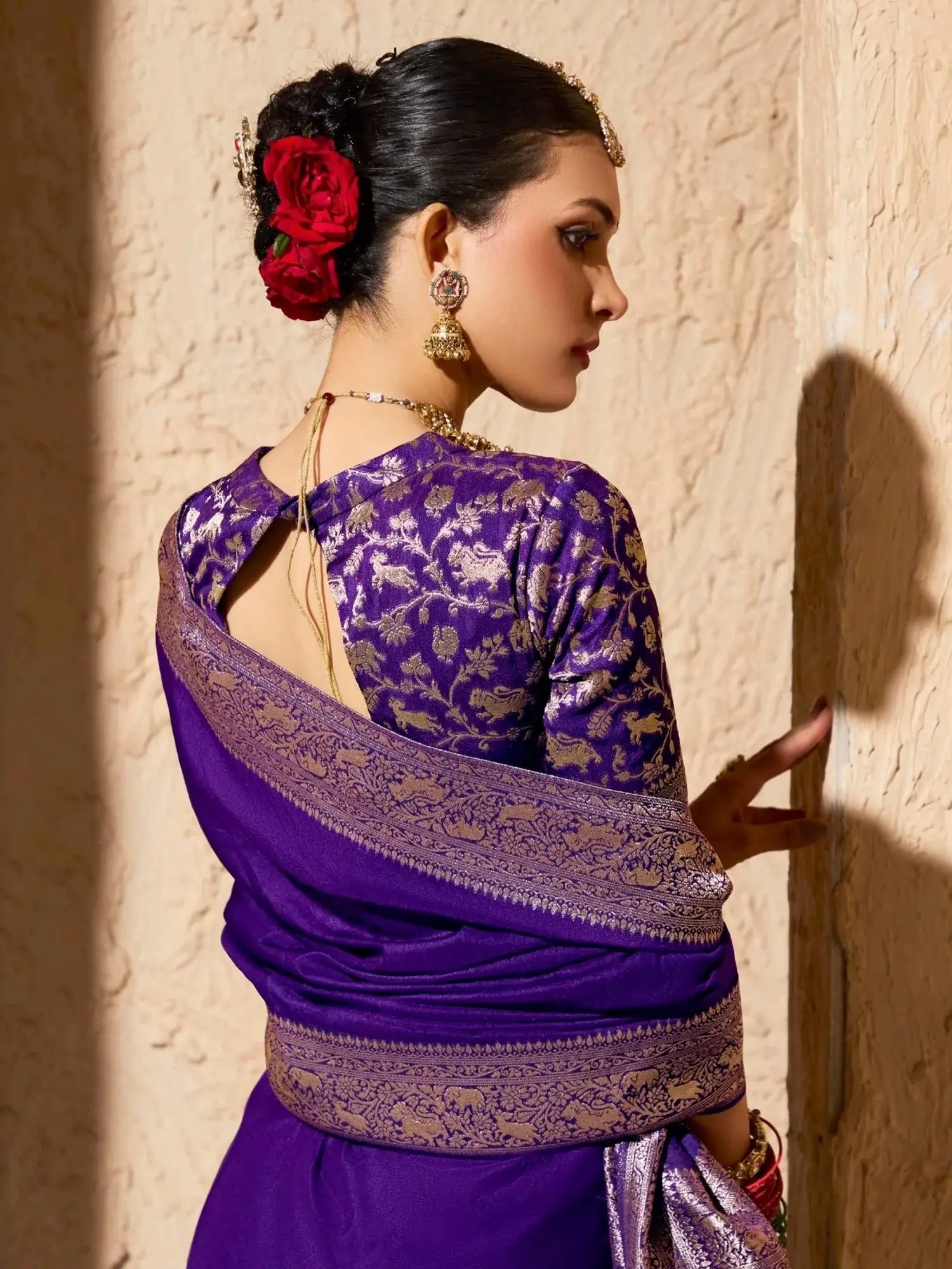 Lovable Purple Zari Weaving Work Georgette Wedding Wear Saree With Blouse