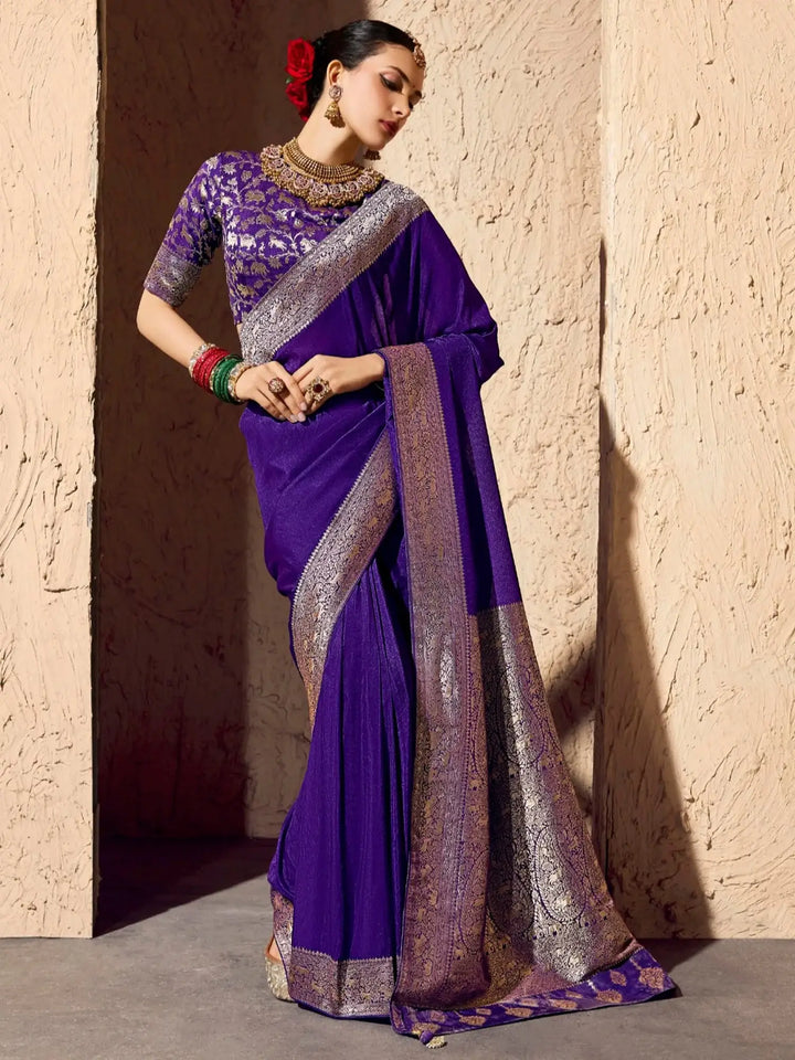 Lovable Purple Zari Weaving Work Georgette Wedding Wear Saree With Blouse