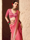Tantalizing Pink Zari Weaving Georgette Engagement Wear Saree With Blouse
