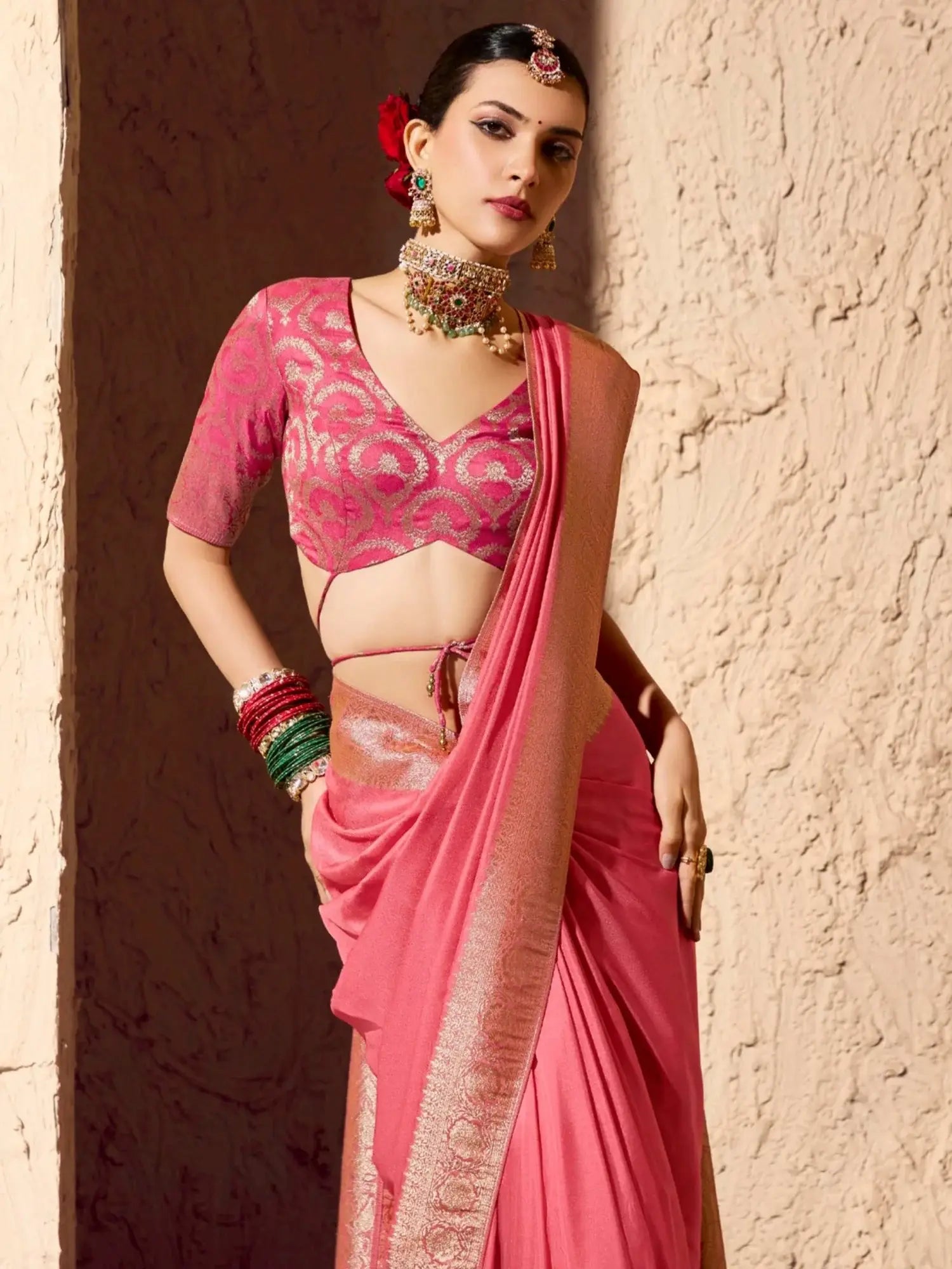 Tantalizing Pink Zari Weaving Georgette Engagement Wear Saree With Blouse