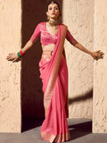 Tantalizing Pink Zari Weaving Georgette Engagement Wear Saree With Blouse