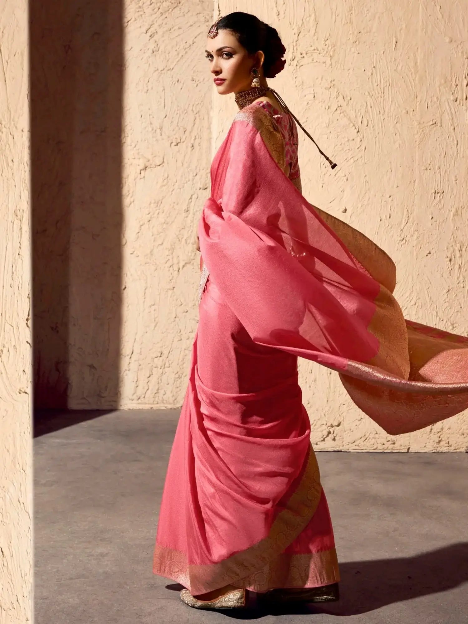 Tantalizing Pink Zari Weaving Georgette Engagement Wear Saree With Blouse