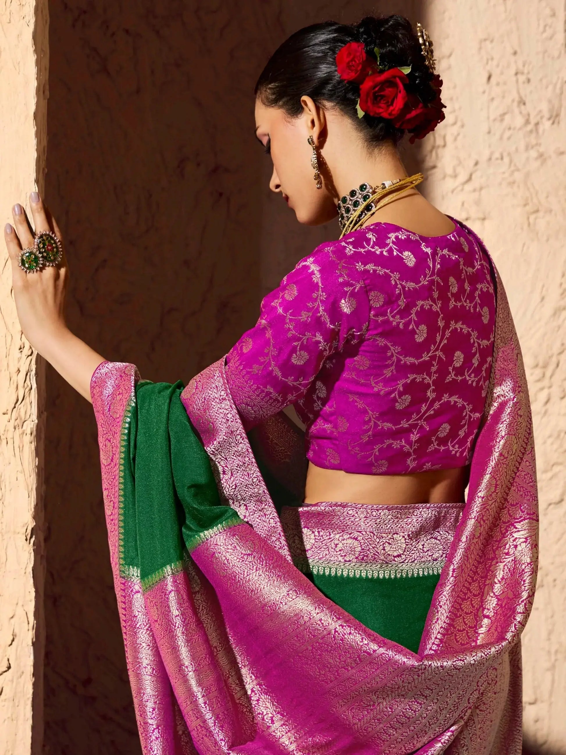 Fantastic Green Weaving Work Georgette Mehendi Wear Saree With Blouse