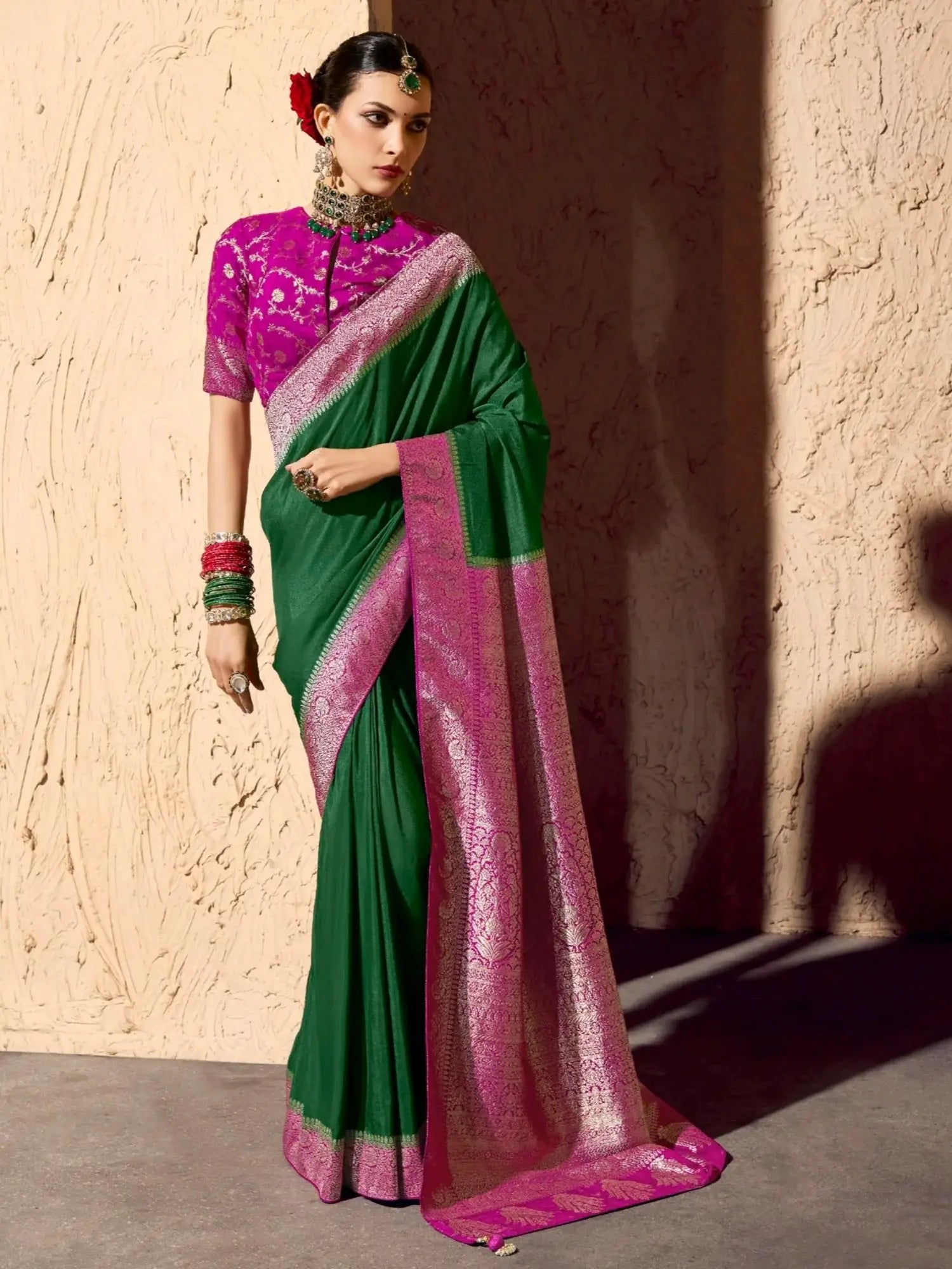Fantastic Green Weaving Work Georgette Mehendi Wear Saree With Blouse