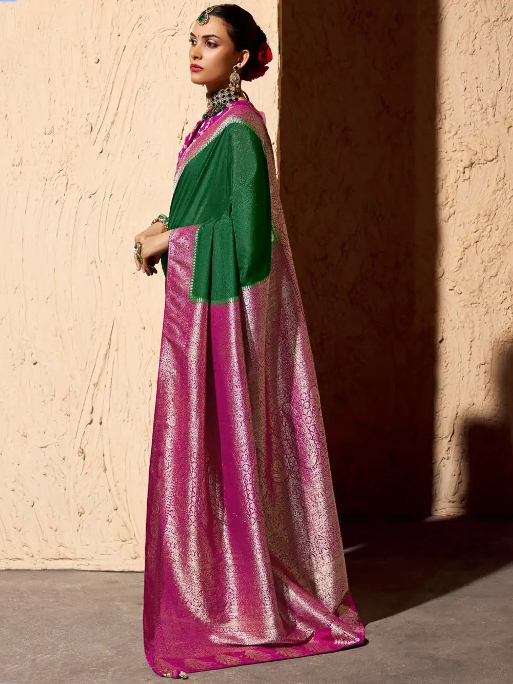 Fantastic Green Weaving Work Georgette Mehendi Wear Saree With Blouse