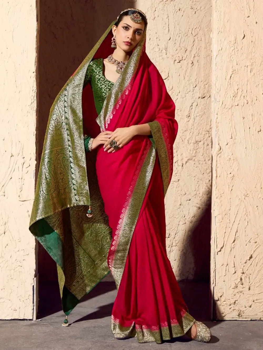 Attractive Red Weaving Work Georgette Wedding Wear Saree With Blouse