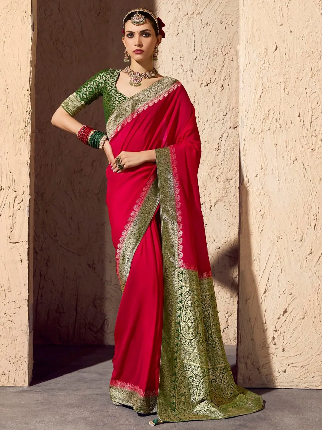 Attractive Red Weaving Work Georgette Wedding Wear Saree With Blouse