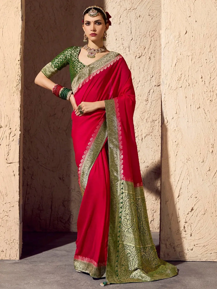 Attractive Red Weaving Work Georgette Wedding Wear Saree With Blouse