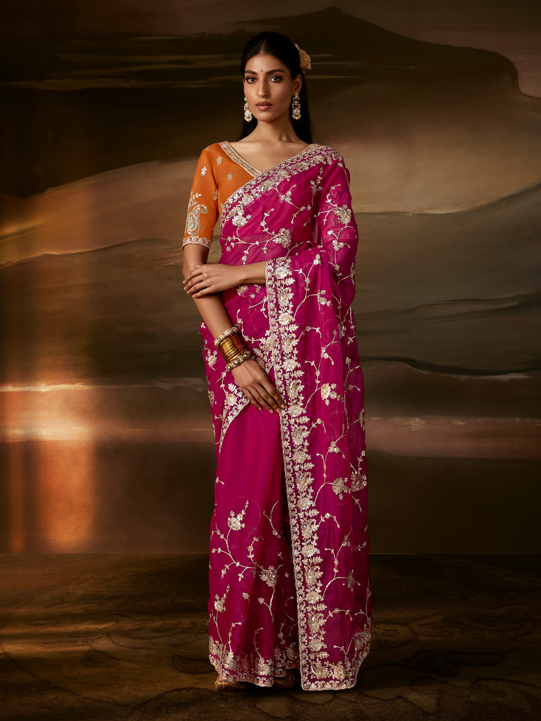 Regal Rani Pink Aari Work Organza Wedding Wear Saree