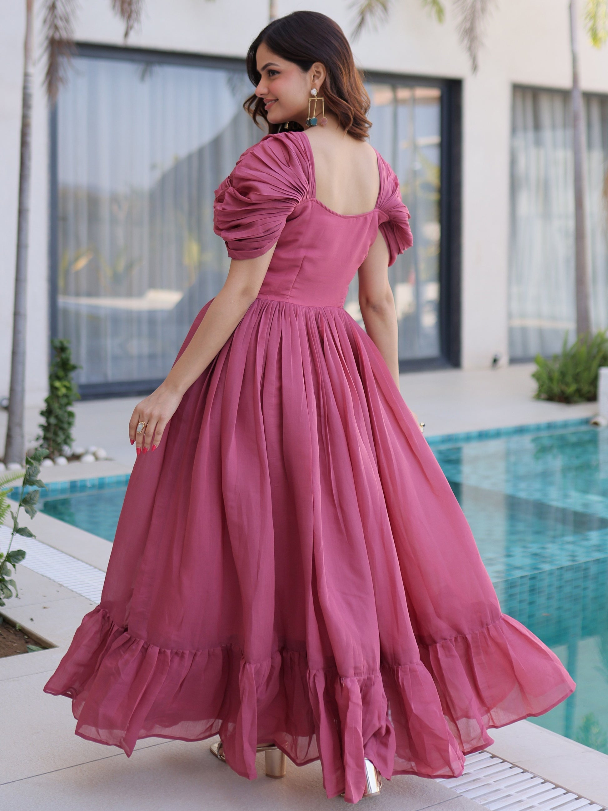 Outstanding Dusty Pink Floral Embroidery Chanderi Party Wear Dress