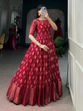 Regal Maroon Zari Woven Cotton Festive Wear Gown
