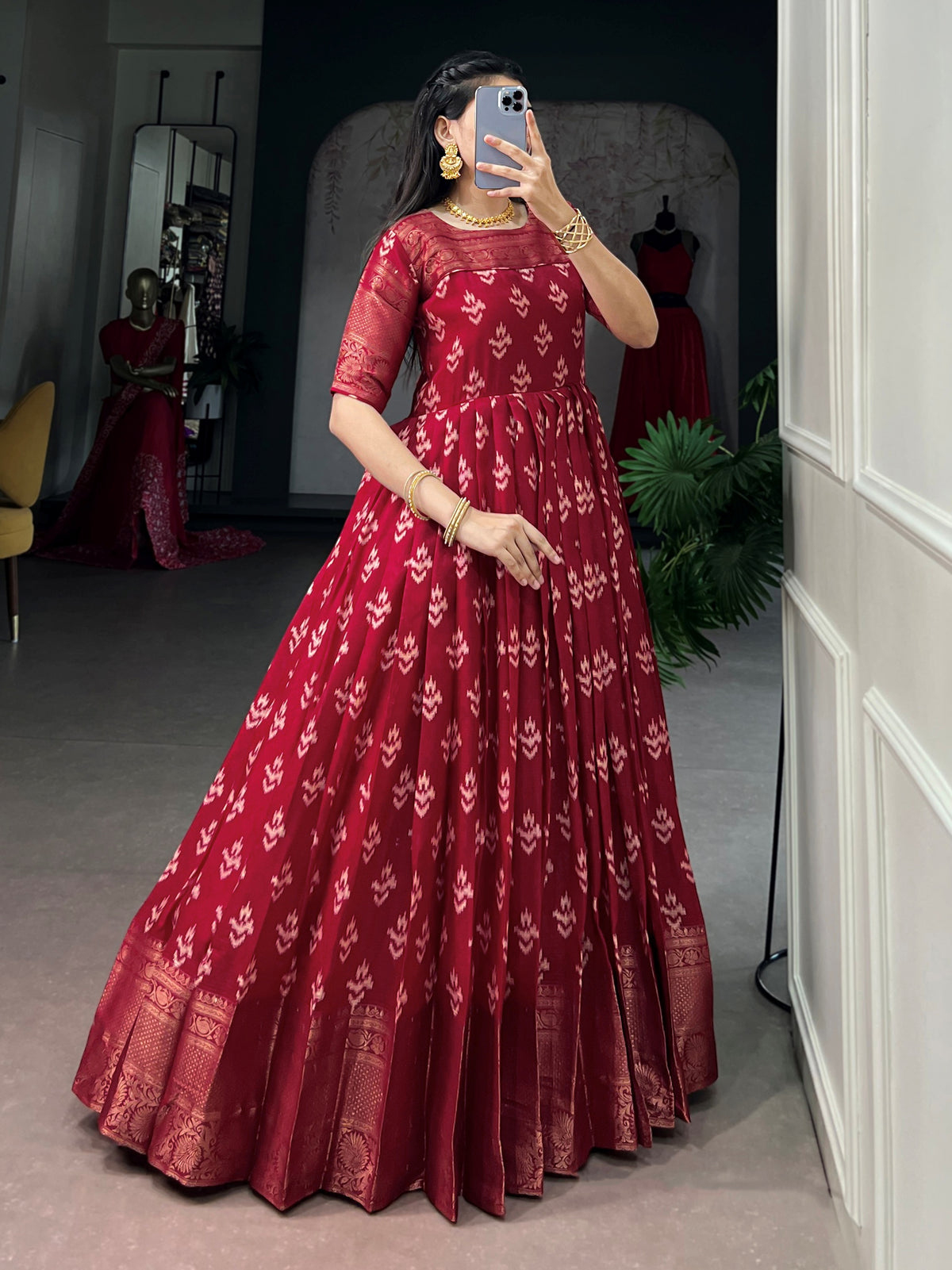Regal Maroon Zari Woven Cotton Festive Wear Gown