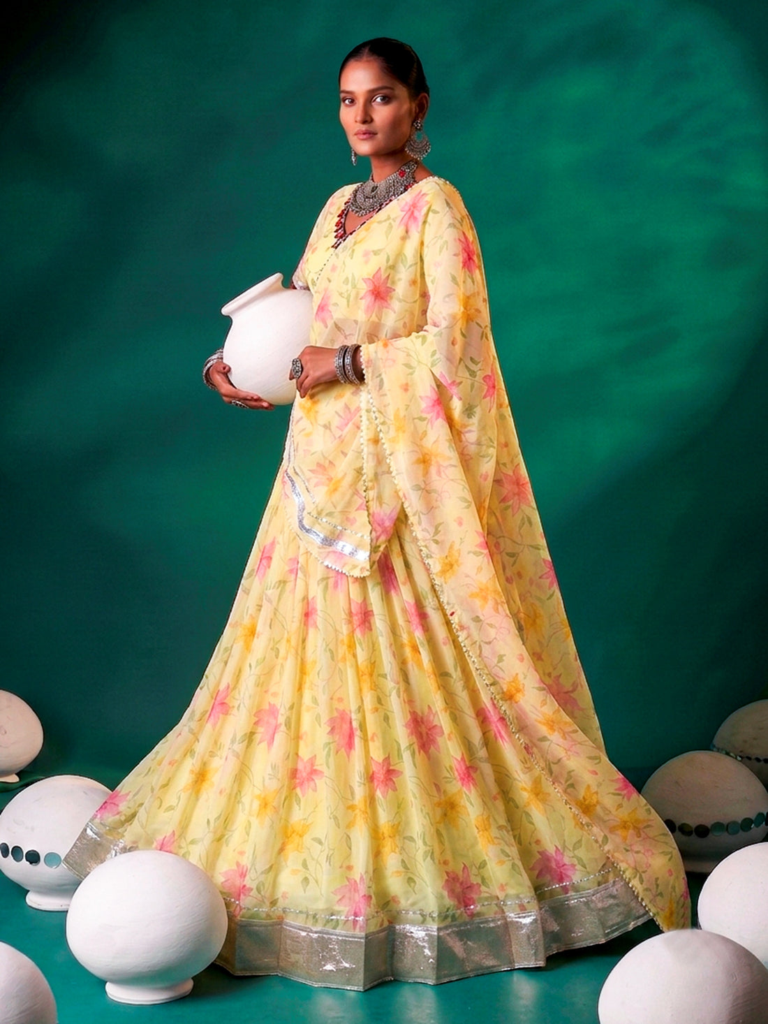 Sunny Yellow Floral Printed Silk Haldi Wear Lehenga Choli