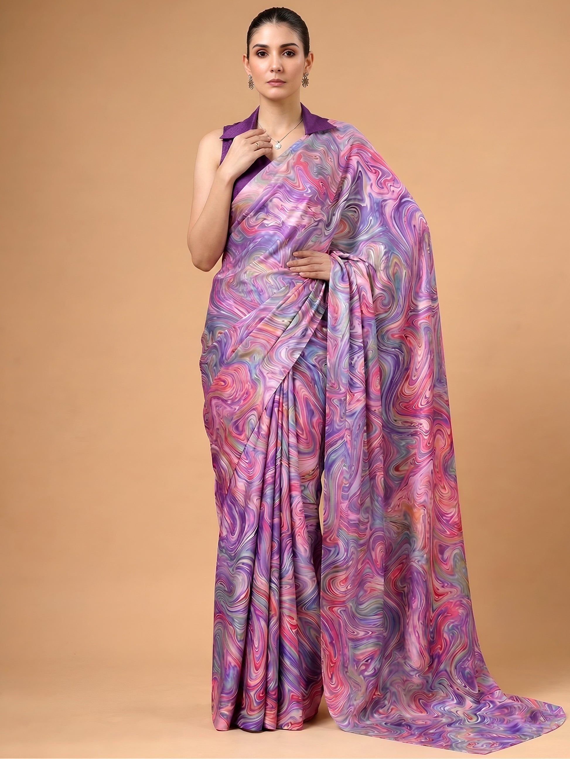 Wonderful Lavender Printed Satin Festive Wear Saree With Blouse
