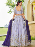 Terrific Lavender Thread Embroidery Tissue Reception Wear Lehenga With Blouse